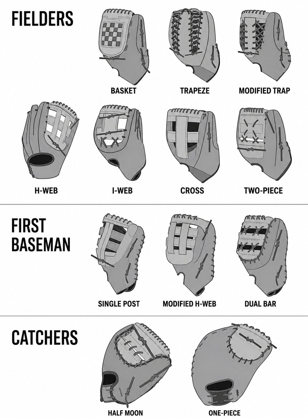 Chart of baseball glove web styles: basket, trapeze, modified trap, H-web, I-web, cross, two-piece, single post, modified H-web, dual bar, half moon, and one-piece