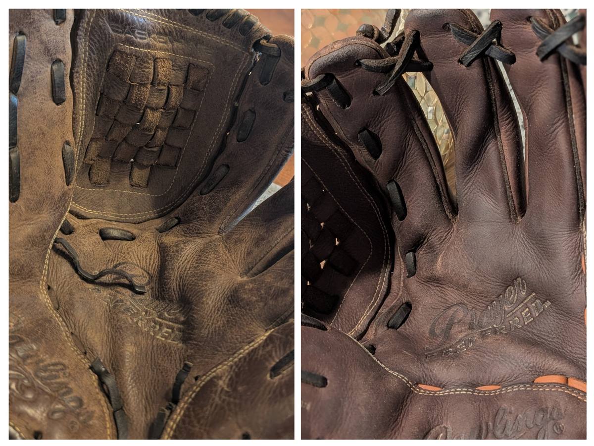 Before and after of a Rawlings Player Preferred glove relaced with black lace
